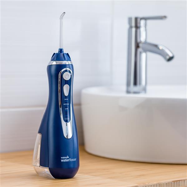 Blue Cordless Advanced 2.0 Water Flosser WP-583 In Bathroom